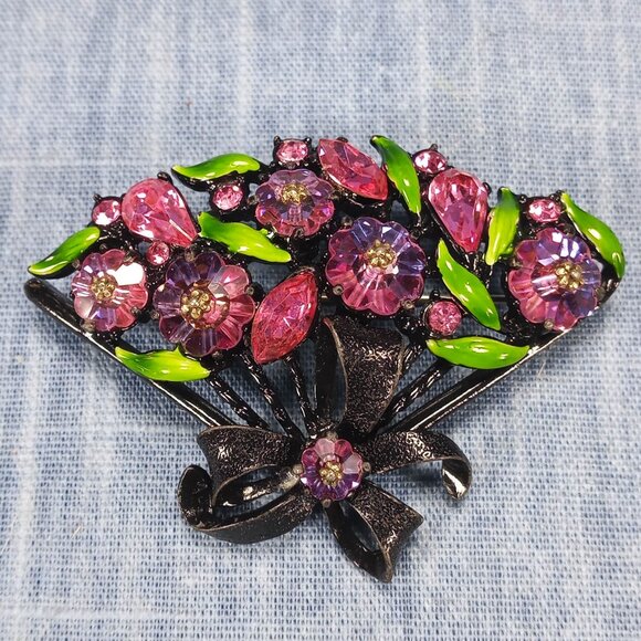 1980s Vintage Purple Enamel and Green Rhinestone Vintage Fan Brooch - Picture 1 of 6